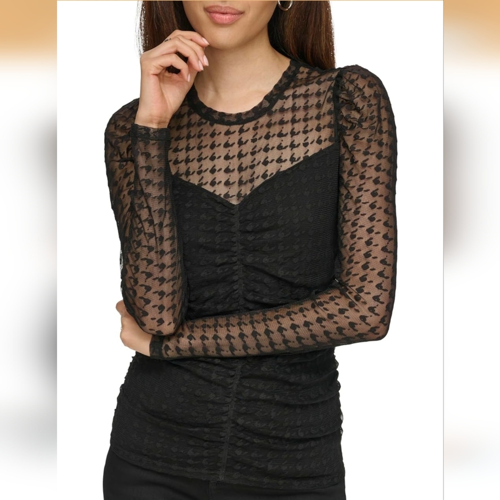 KARL LAGERFELD PARISWomen's Houndstooth-Mesh Long-Sleeve Top, Size Small